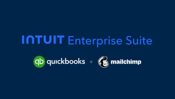 Intuit Enterprise Suite on Blueberry background, with QuickBooks and Mailchimp logo