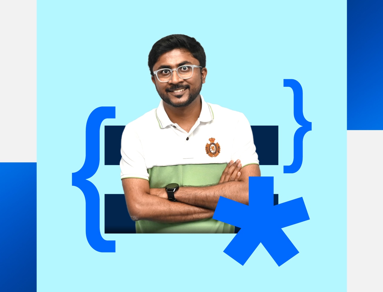 A person with a blue shirt and a laptop.