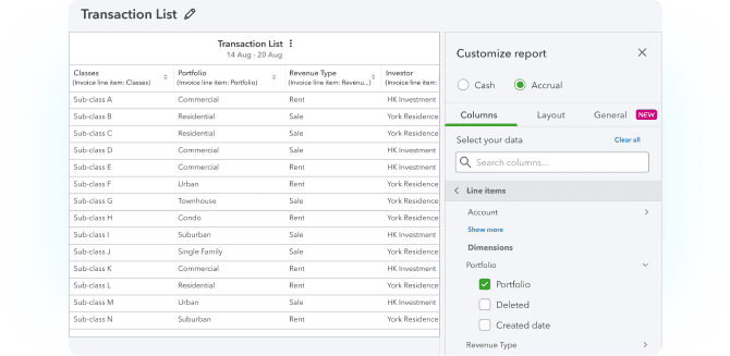 A view of a transaction list and ways to customize a report.