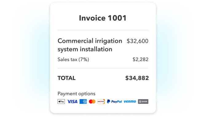 A sample invoice showing commercial irrigation system installation.