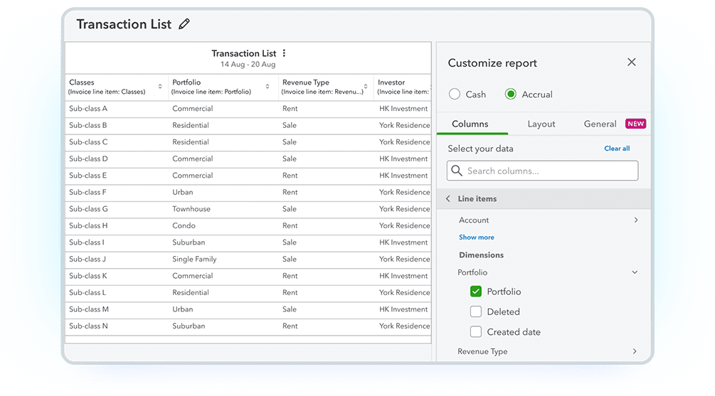 A transaction list and report-customization options