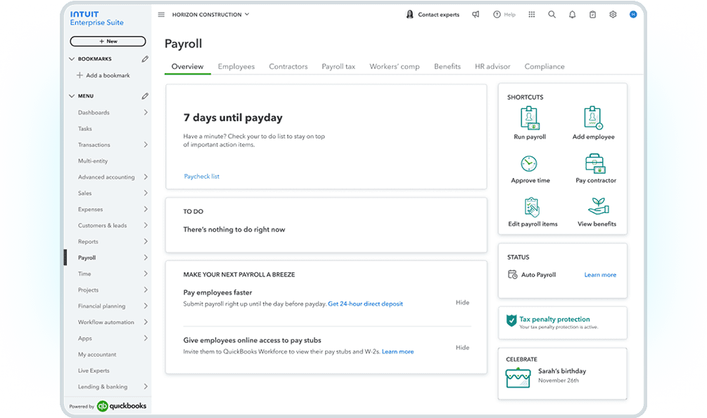 The Intuit Enterprise Suite payroll, HR, and time dashboard