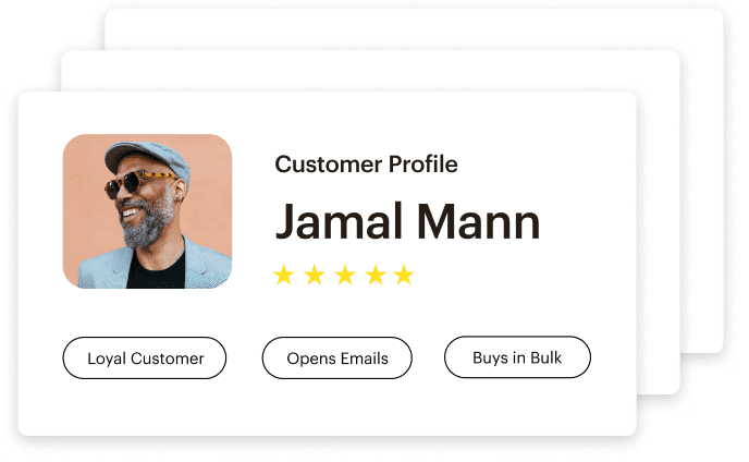 Individual customer information appears in a card format, with photo and attributes highlighted. 